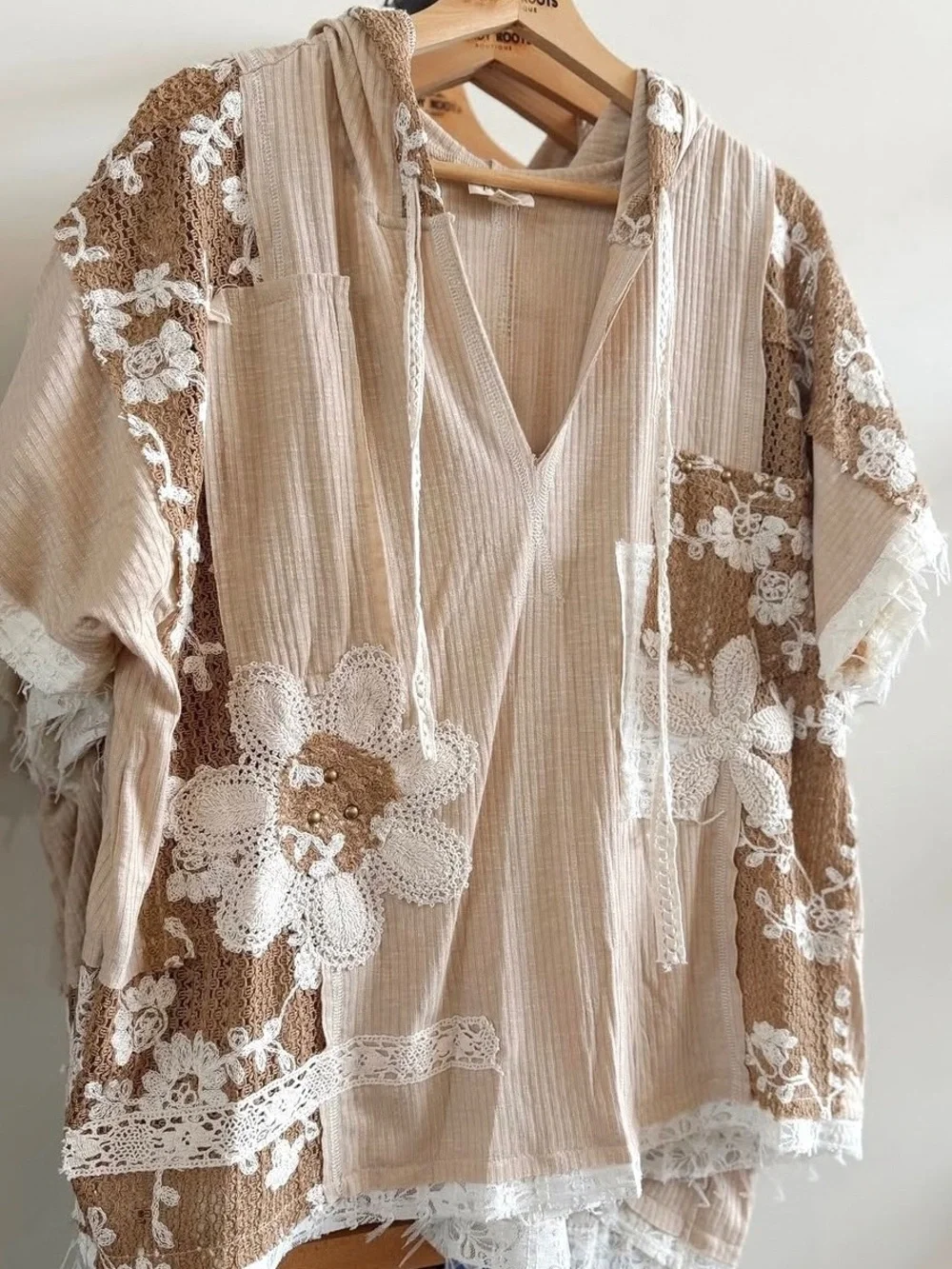 POL Beige and Brown Lace Panel Hooded Tunic